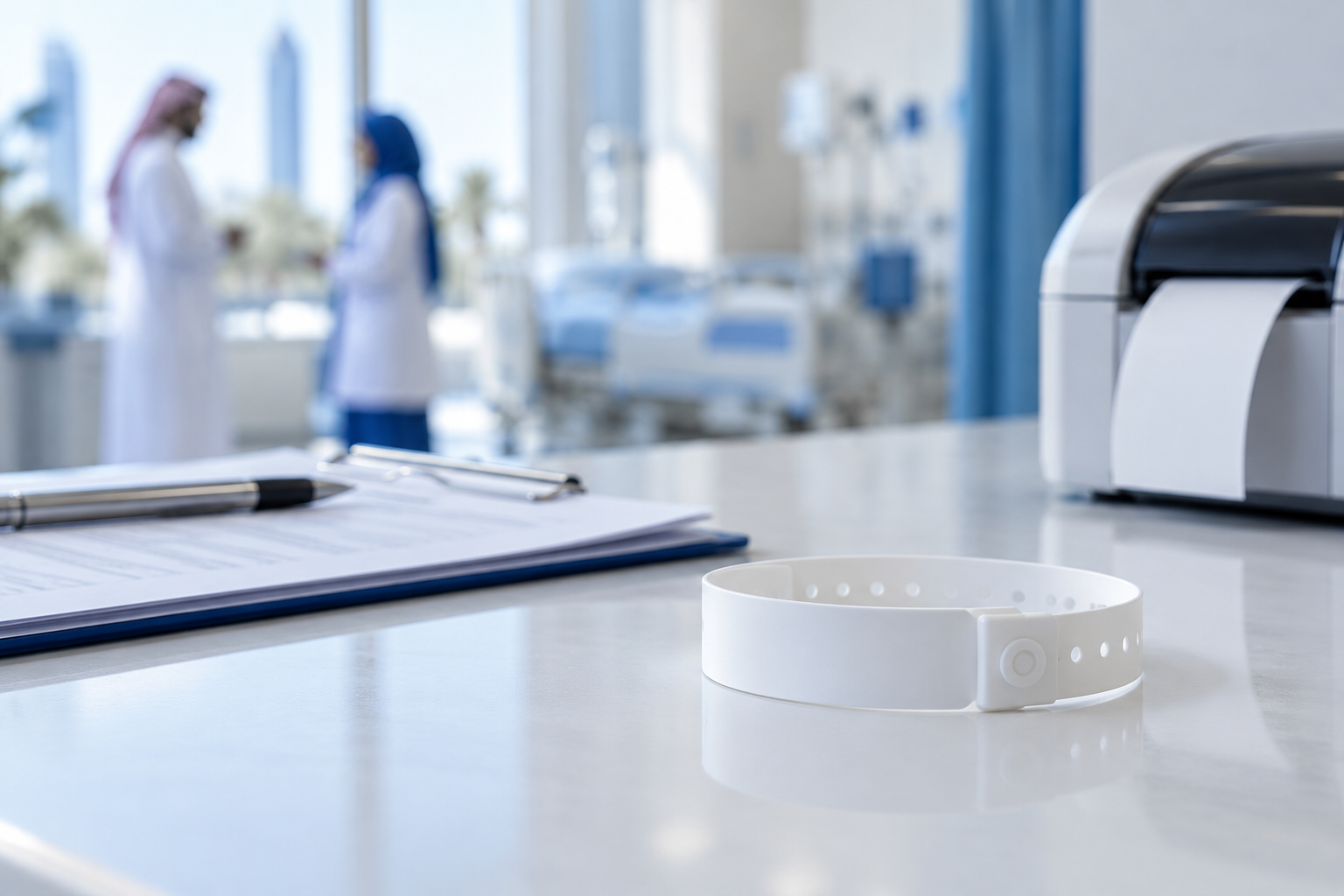 Hospital admission desk with patient wristband printing