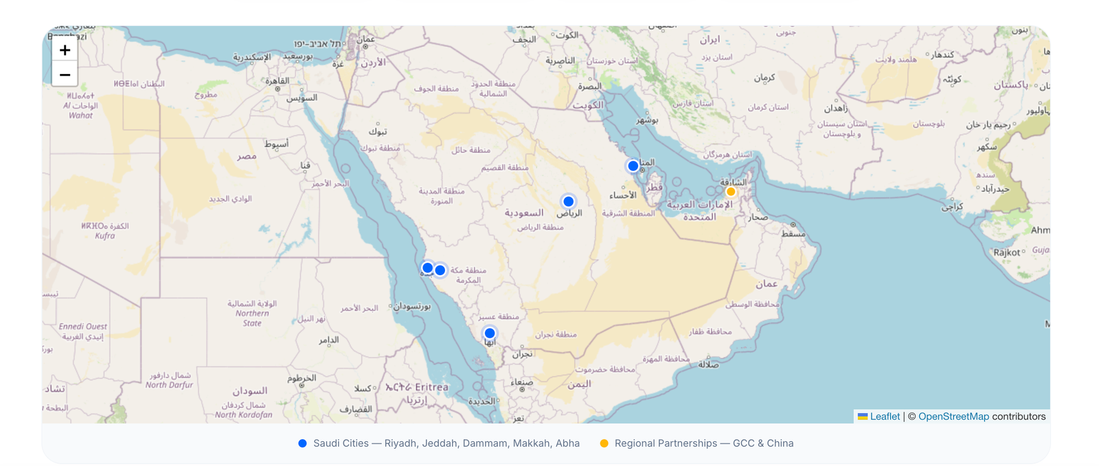 Map of ArrowTech deployment coverage across Saudi Arabia and the GCC